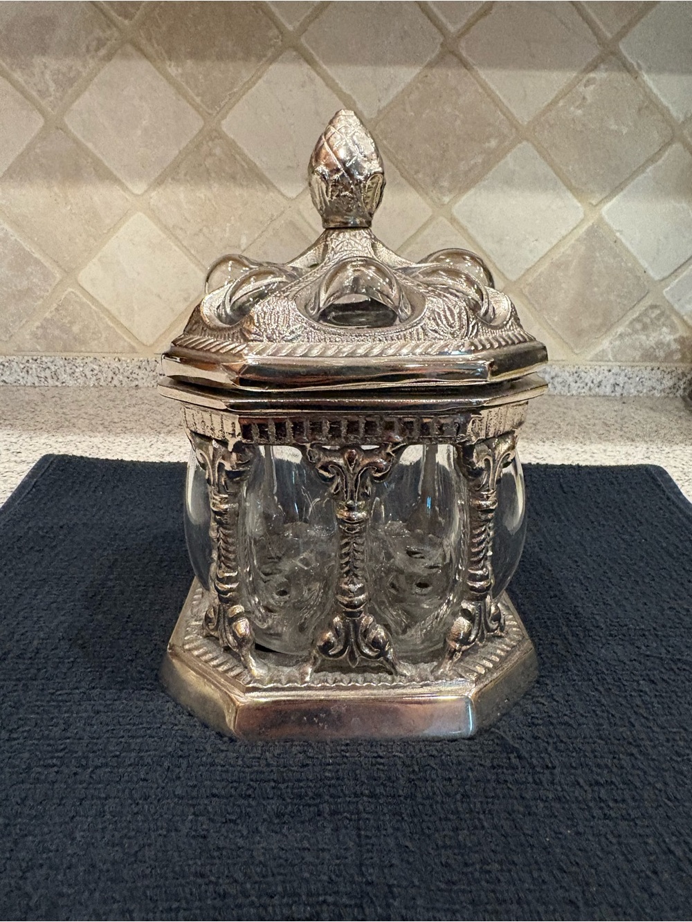 Vintage Baroque-style silver-tone metal / hand-blown bubble glass apothecary jar